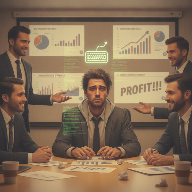A software engineer overwhelmed and miserable in a management meeting, surrounded by business charts
