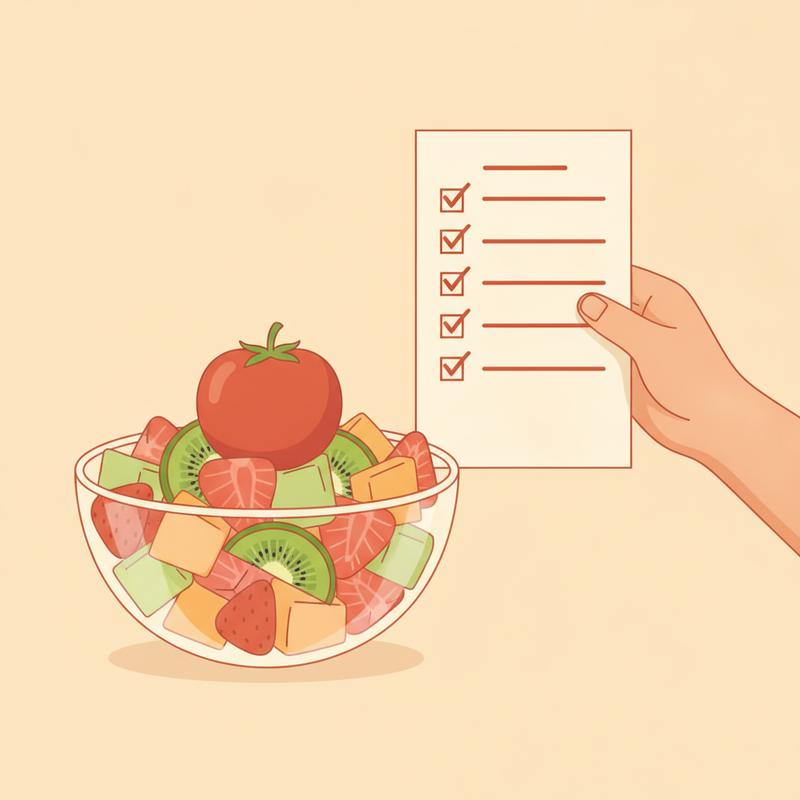 A bowl of fruit salad with a whole tomato on top, next to a fully ticked checklist