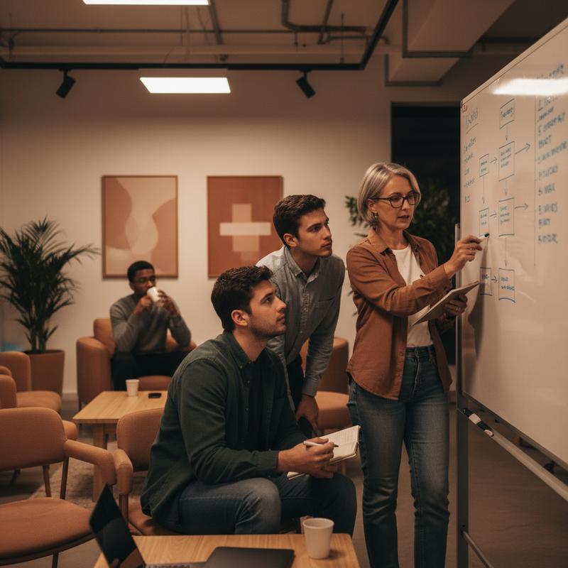 A team of software engineers learning together around a whiteboard