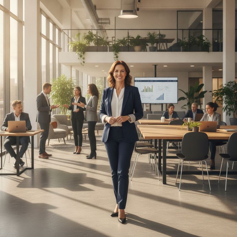 Manager standing in an open, collaborative modern office