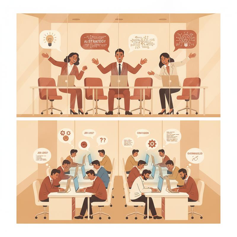 A split image showing confident executives in a boardroom embracing AI while worried employees below them look confused at their screens