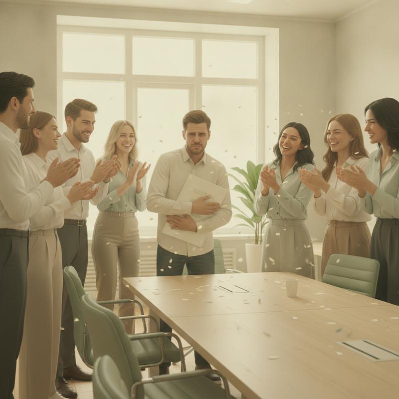 An office team applauding one employee who looks visibly uncomfortable being the center of attention