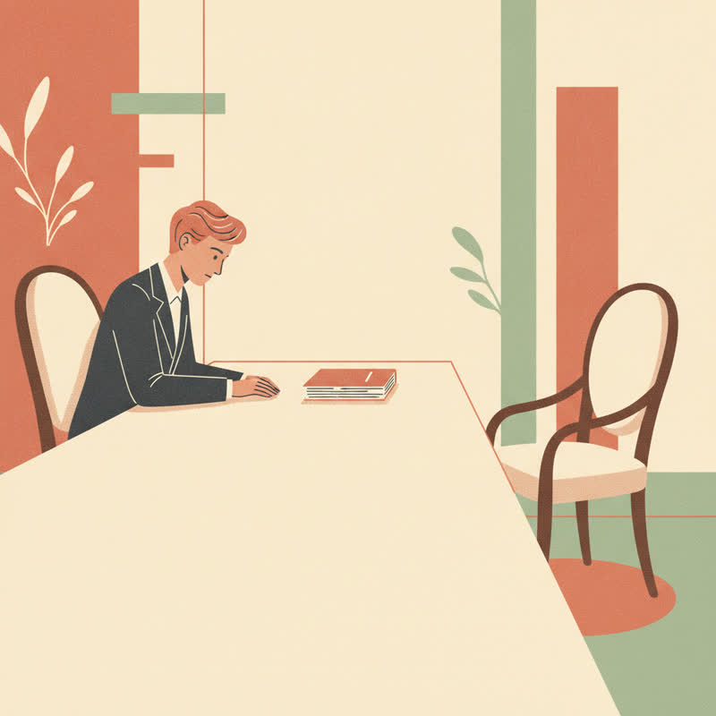A manager sitting alone at a boardroom table across from an empty chair with a stack of legal documents between them