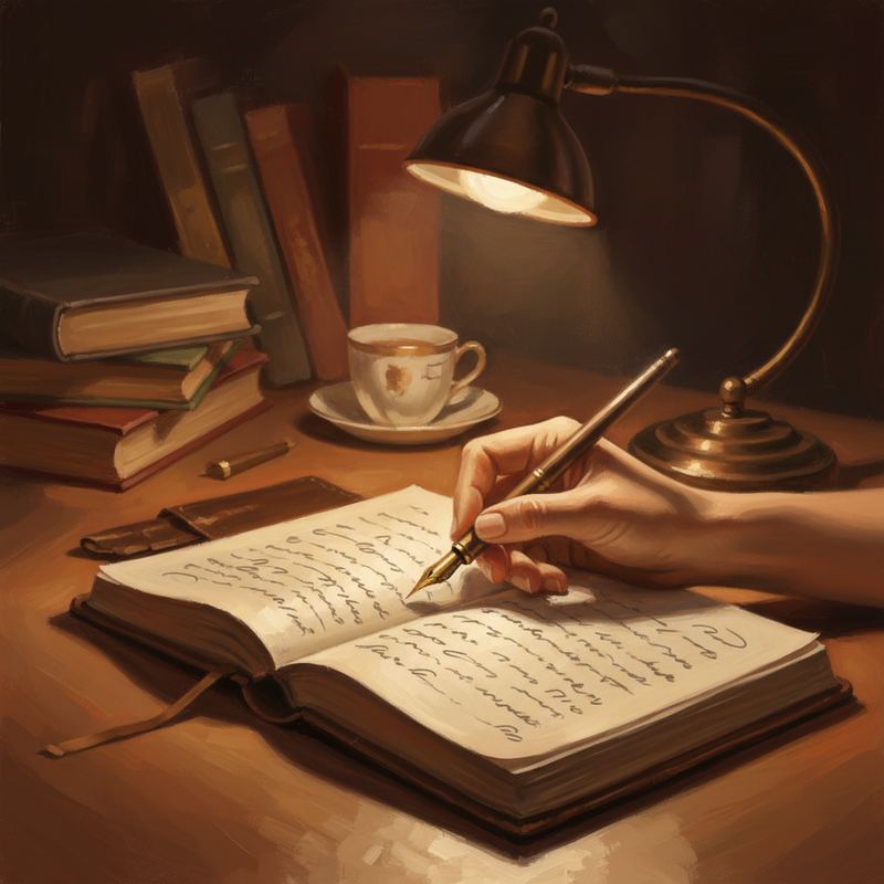 A hand writing in a leather-bound journal by warm lamplight