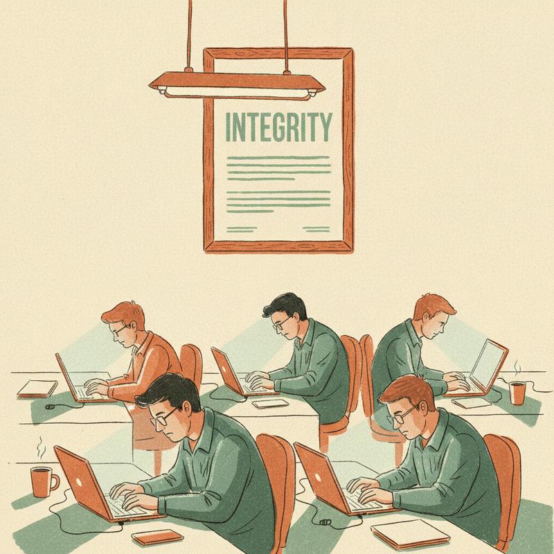 Framed corporate values poster reading INTEGRITY hanging above engineers working late under harsh light