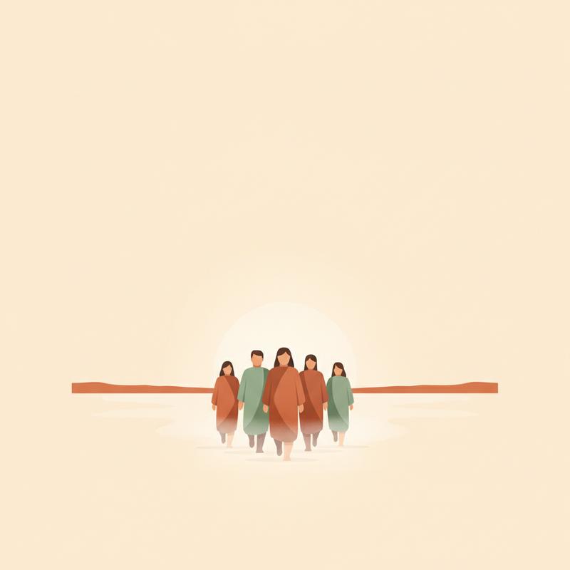 A small group of people walking together through light fog toward an open horizon