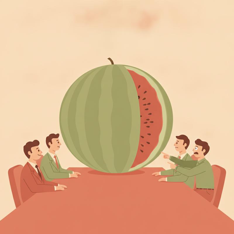 A giant watermelon on a boardroom table, green on the outside with one slice cut open to show red inside, while two executives smile at the green rind and an engineer points at the red