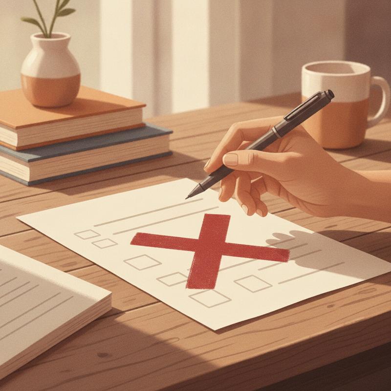 A hand holding a pen over a printed review form with a large red X stamped across it