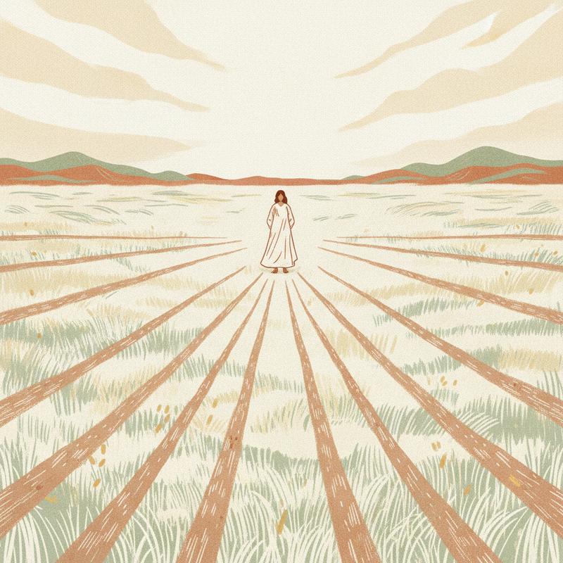 A lone figure standing still in a wide field where a dozen identical dirt paths spread out in every direction