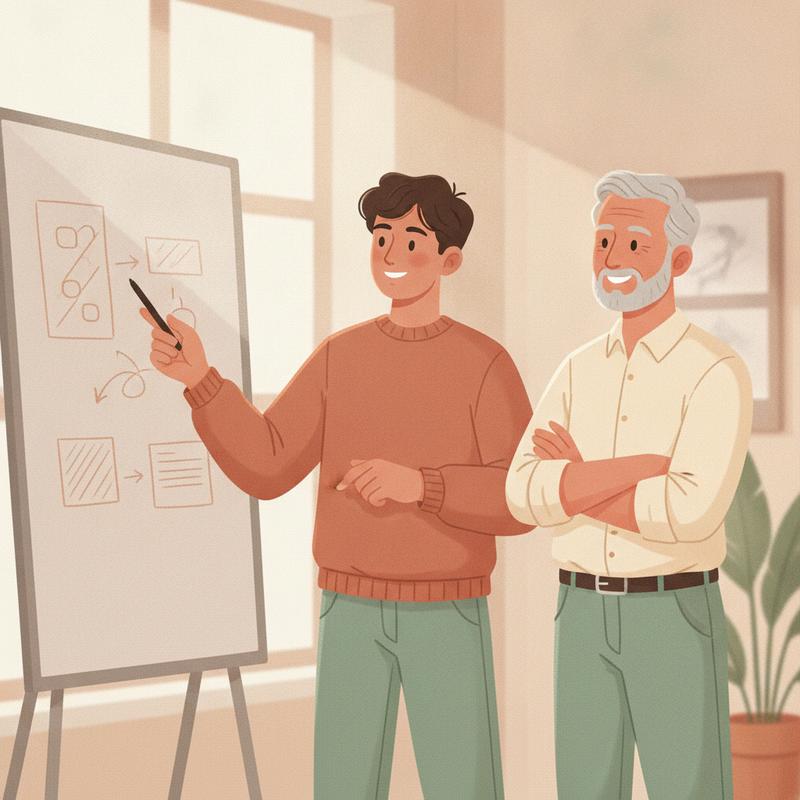 A young engineer points at sketched diagrams and arrows on a whiteboard while an older manager stands beside him, arms folded, smiling and listening