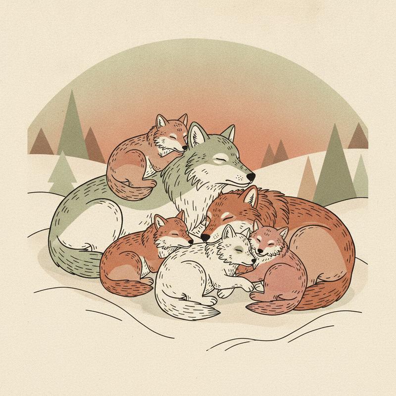 Illustration of a wolf family curled together asleep in the snow at dusk, two adults and four pups leaning on each other