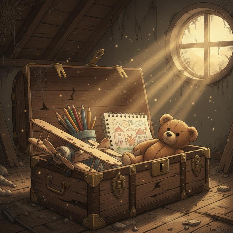 A wooden trunk in an attic opened to reveal childhood treasures lit by sunbeams
